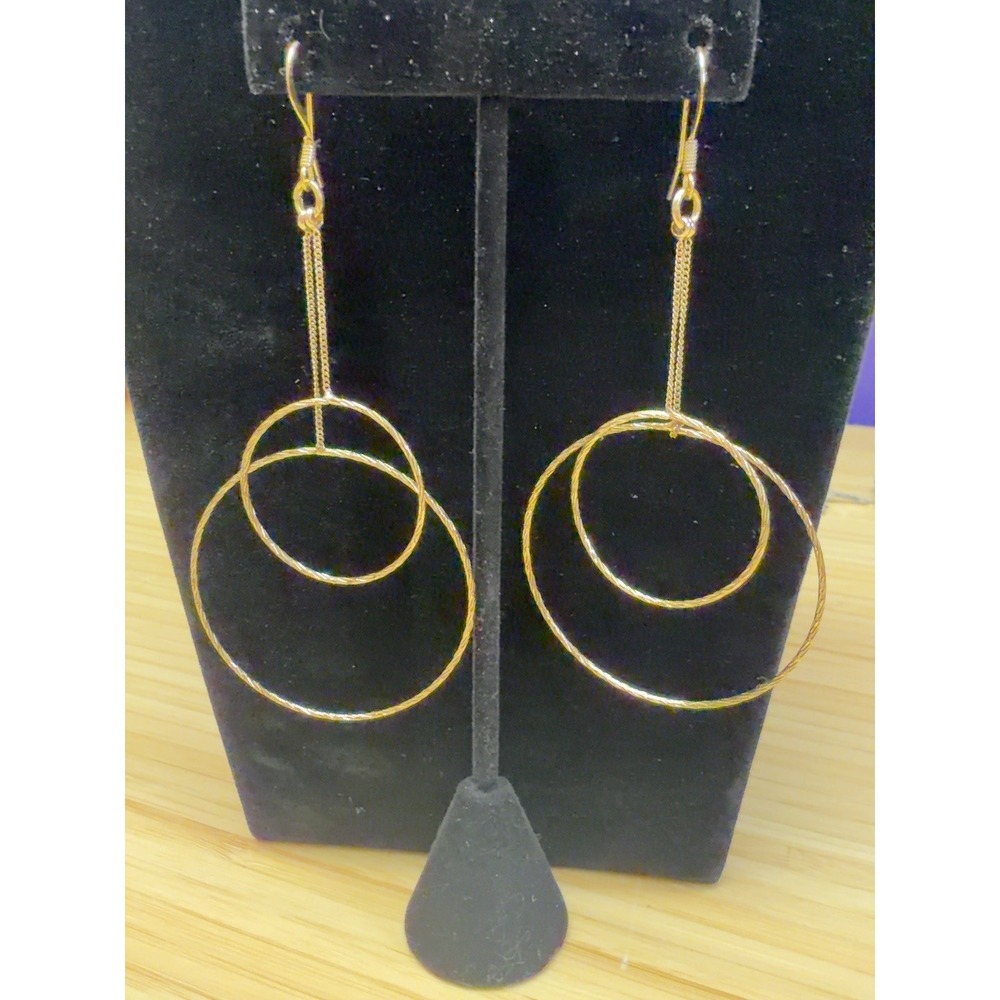 Gold Tone Double Hoop Dangle Earrings Textured Circle Chain Statement